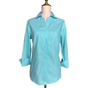 Foxcroft Aqua Blue Cotton Tunic Blouse Split Neck Roll Tab Sleeve Size Medium